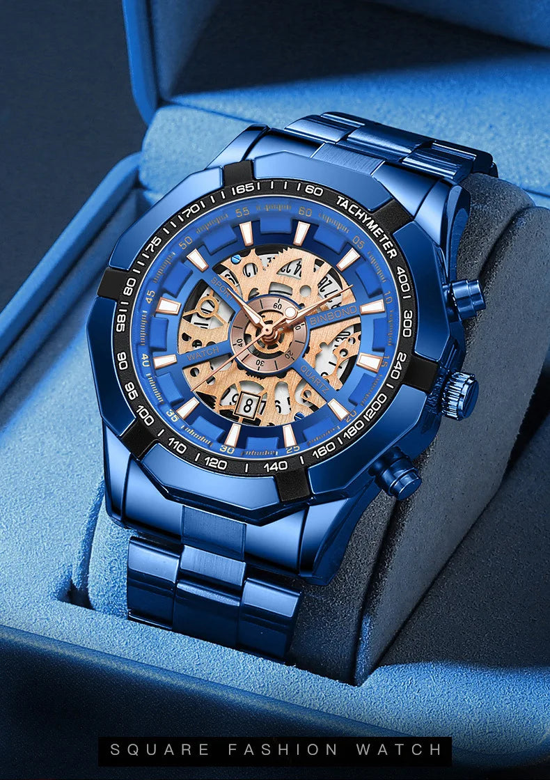 Binbond Mens Watches Top Brand Luxury Stainless Steel Waterproof Hollow Out Blue Big Male Wristwatches Relogio Masculino 2023