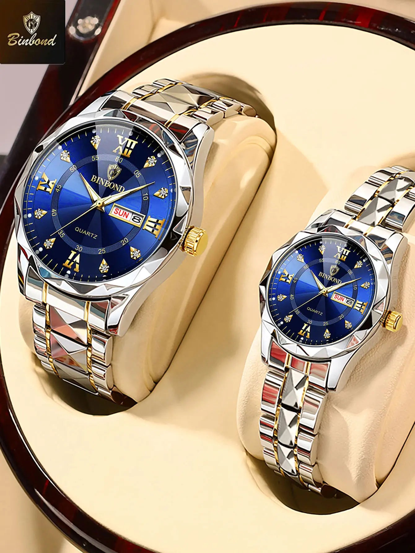 2pcs/Set BINBOND Couple Quartz Watches 30M Waterproof Fashion Diamond Valentine Day Gift Stainless Steel Watch Men Women Watch