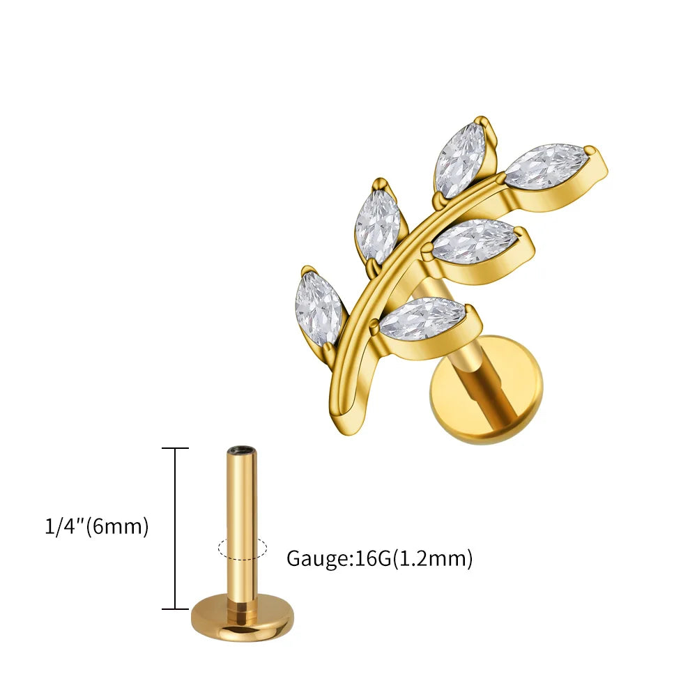 Right Grand ASTM F136 Titanium 16G Marquise CZ Leaves Stud Earring Leaf Shaped Helix Cartilage Conch Flat Back Piercing Jewelry