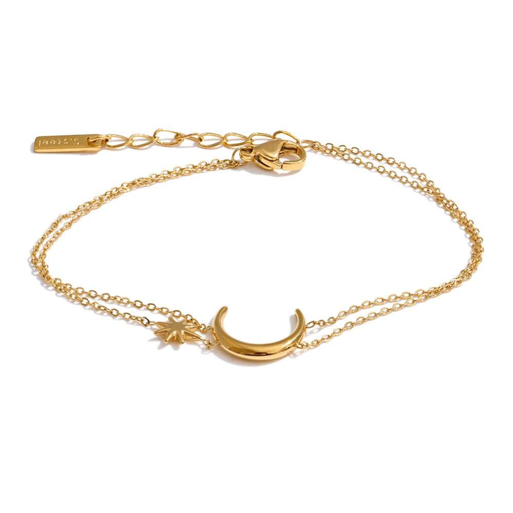 Yhpup Stainless Steel Double-Layer Chain Sun Moon Bracelet Bangle for Women Summer Waterproof Fashion Wrist Jewelry Wholesale