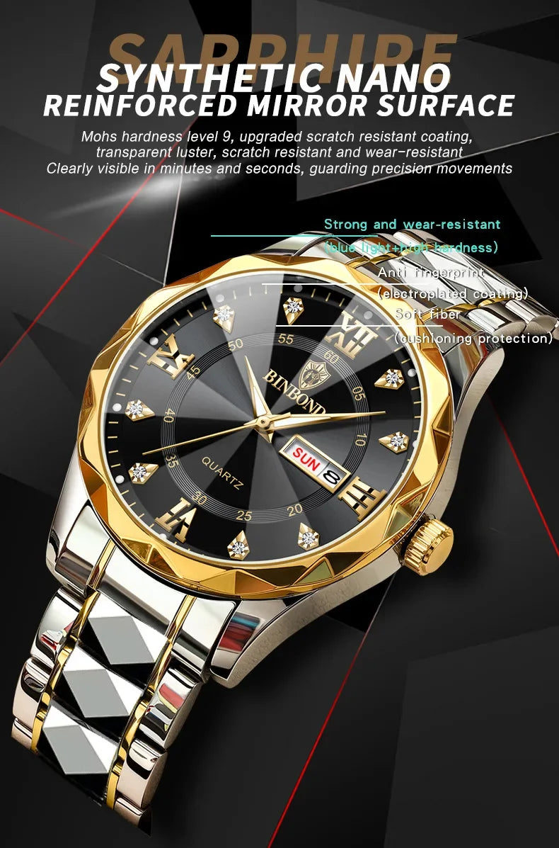 BINBOND B2521 Fashion Luxury Business Men Watches 30M Waterproof Week Date Clock Sport Quartz Mens Wristwatch Relogio Masculino
