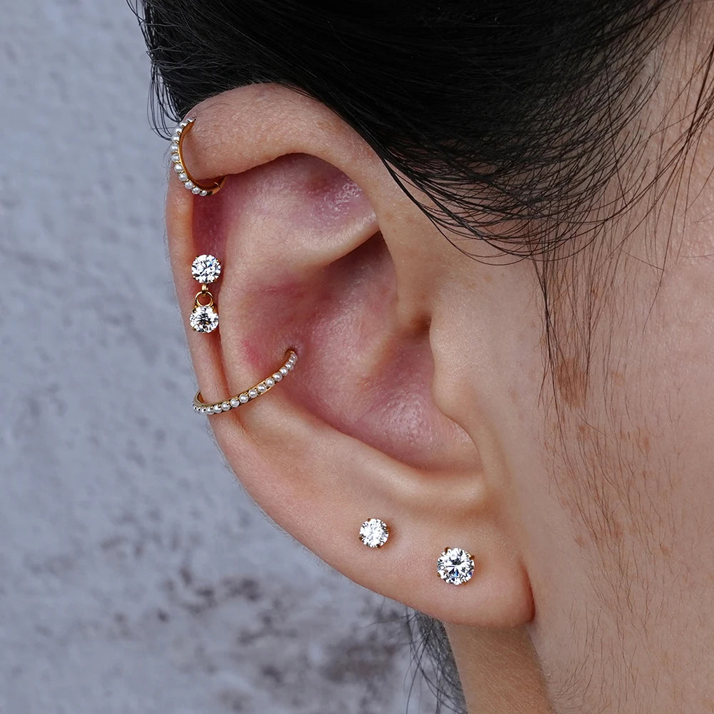 Right Grand ASTM F136 Titanium 16G Double CZ Floating Dangle Tragus Helix Cartilage Stud Internally Threaded Charm Drop Earring