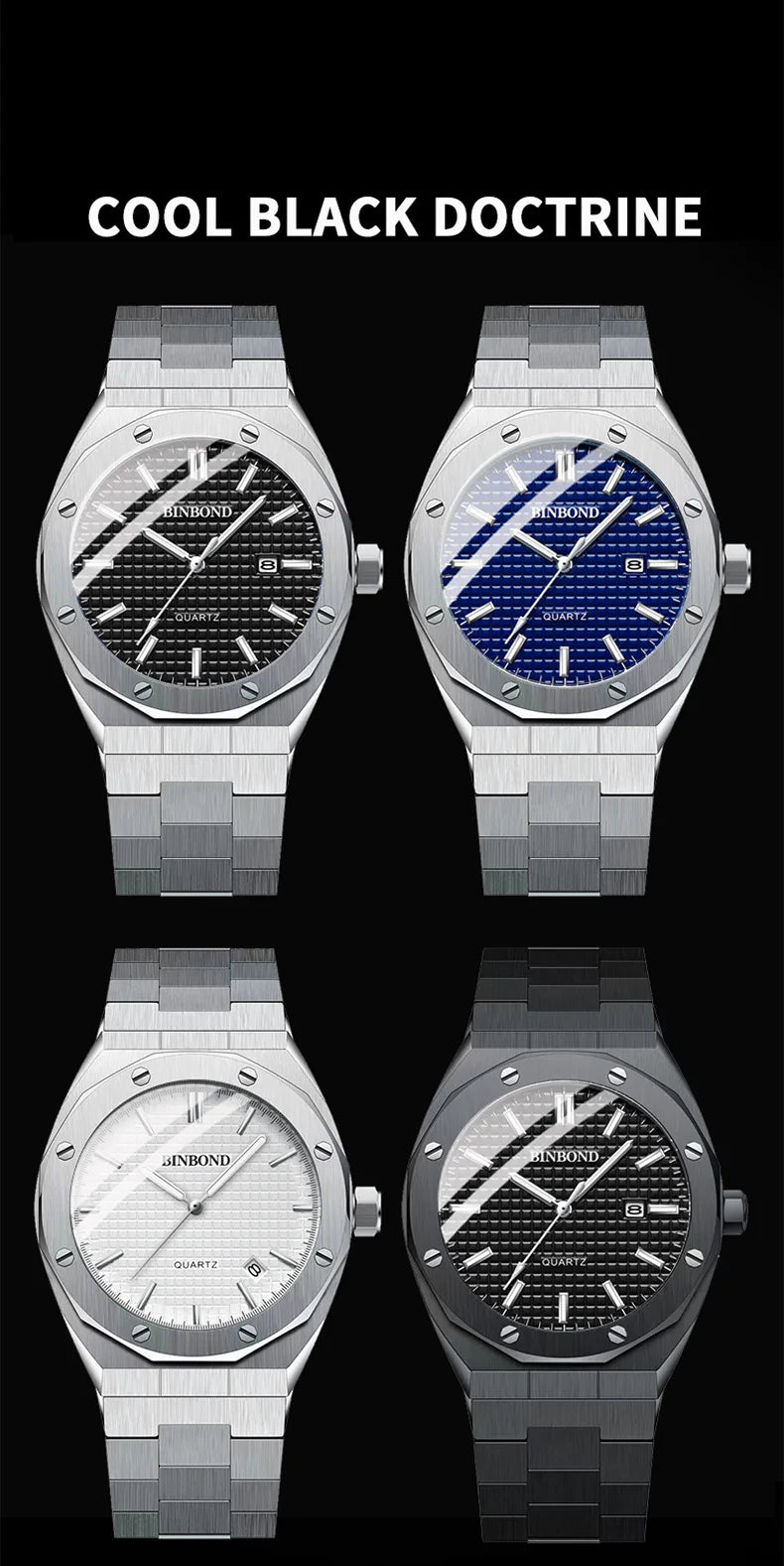 BINBOND B0233 Fashion Casual Men Watches Big Dial blackStainless Steel Calendar Quartz Wristwatch Classic Top Brand Male Clock