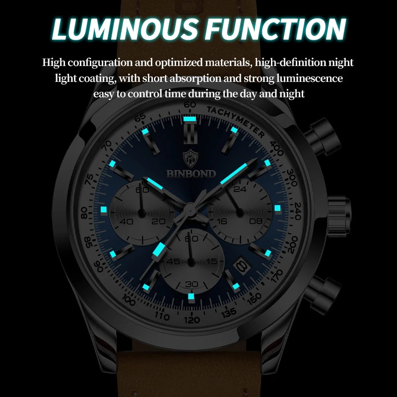 BINBOND Fashion New Quartz Men's Watch Leather Watchband Luminous Waterproof Timer Sports Business Man Watches Relogio Masculino