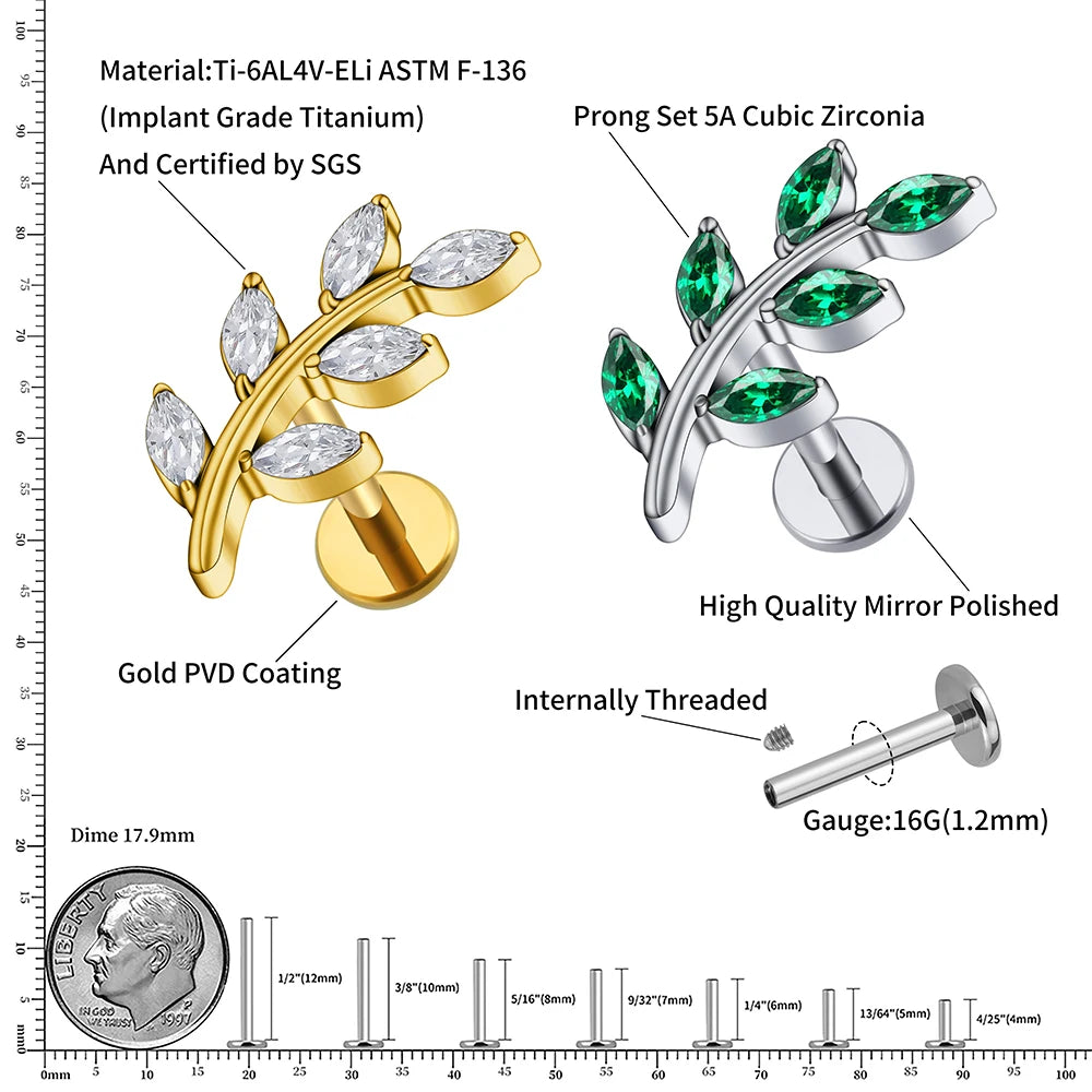 Right Grand ASTM F136 Titanium 16G Marquise CZ Leaves Stud Earring Leaf Shaped Helix Cartilage Conch Flat Back Piercing Jewelry