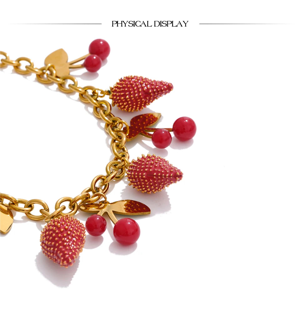 Yhpup 2025 Red Enamel Acrylic Cherry Strawberry Drop Necklace for Women Stainless Steel Fruit Handmade Fashion Collar Jewellery