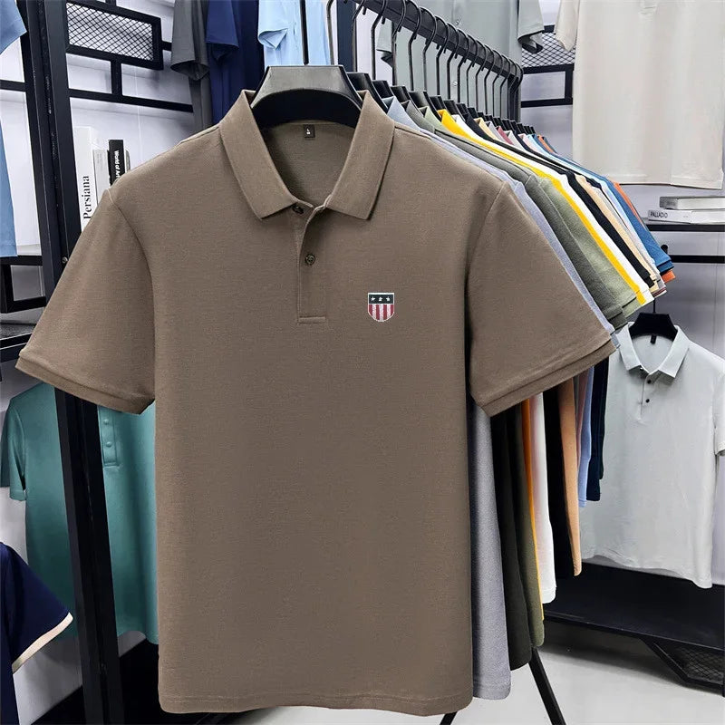 Men's Summer Luxury 100% Cotton Polo Shirt, Lapel Print Short Sleeve T-shirt, Breathable Business Casual Menswear