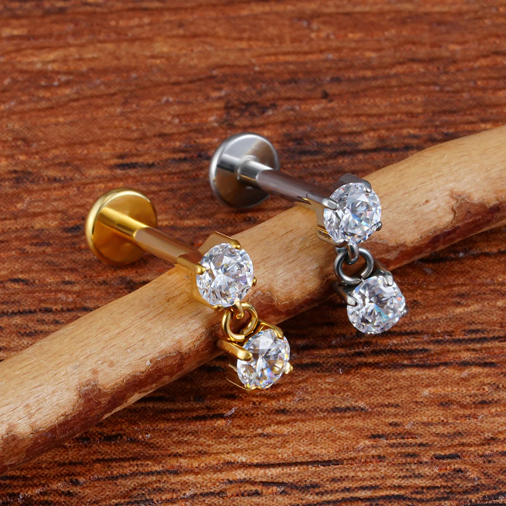 Right Grand ASTM F136 Titanium 16G Double CZ Floating Dangle Tragus Helix Cartilage Stud Internally Threaded Charm Drop Earring