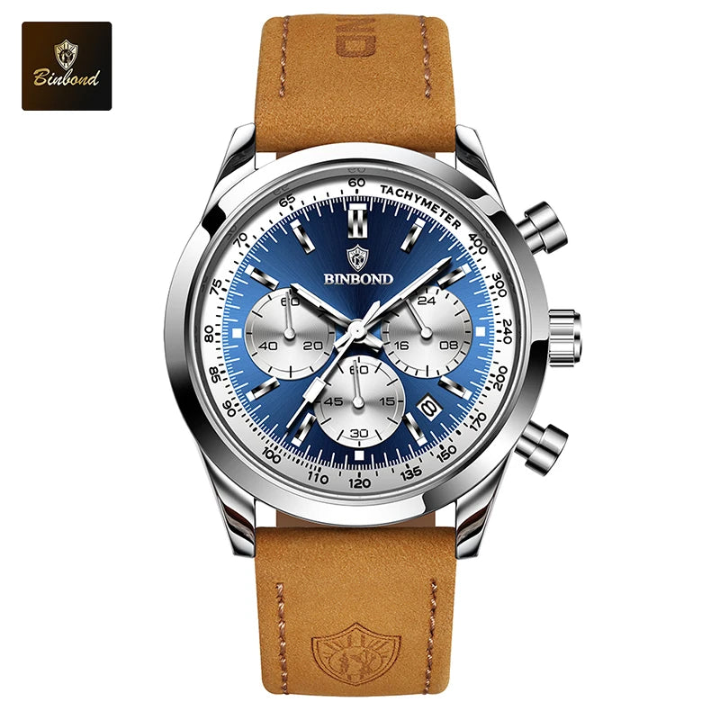 BINBOND Fashion New Quartz Men's Watch Leather Watchband Luminous Waterproof Timer Sports Business Man Watches Relogio Masculino