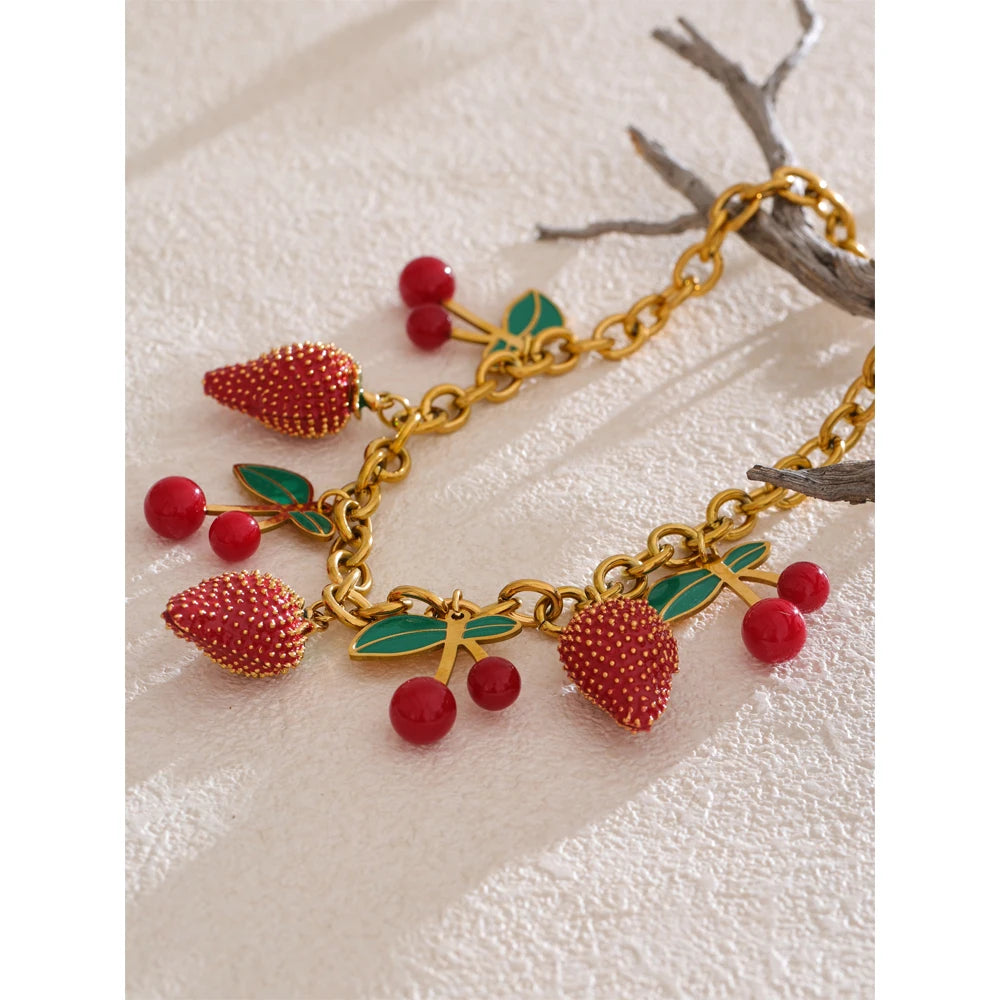 Yhpup 2025 Red Enamel Acrylic Cherry Strawberry Drop Necklace for Women Stainless Steel Fruit Handmade Fashion Collar Jewellery