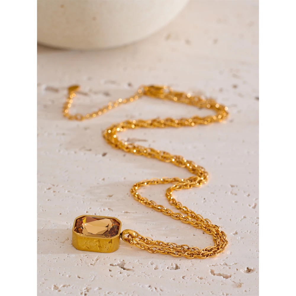 Yhpup AAA Shiny Champagne Zirconia Pendant Necklace Hot Style Stainless Steel Chain Collar Luxury Jewelry Wholesale
