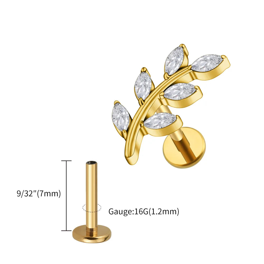Right Grand ASTM F136 Titanium 16G Marquise CZ Leaves Stud Earring Leaf Shaped Helix Cartilage Conch Flat Back Piercing Jewelry