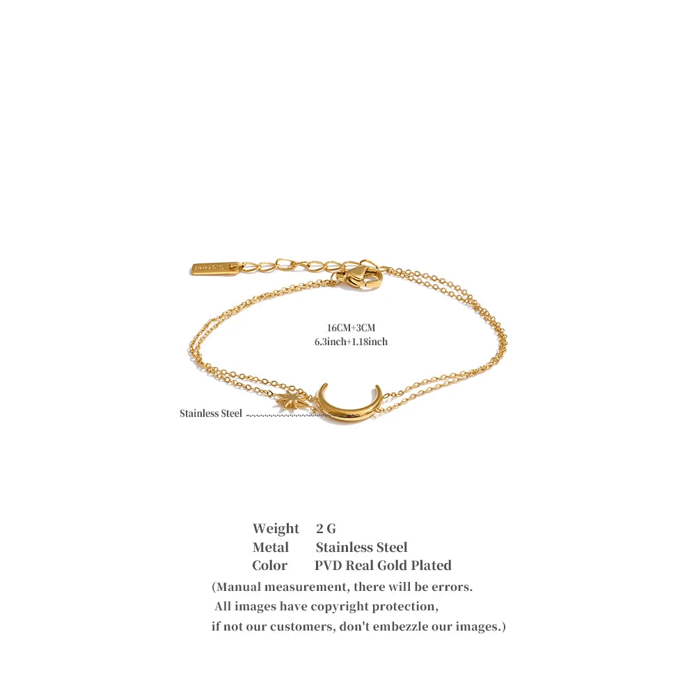 Yhpup Stainless Steel Double-Layer Chain Sun Moon Bracelet Bangle for Women Summer Waterproof Fashion Wrist Jewelry Wholesale