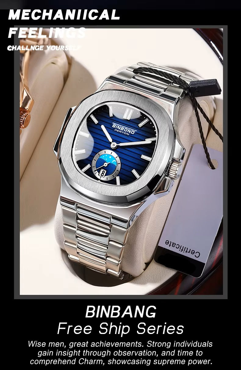 BINBOND Men's Business Quartz Watch – Stainless Steel Waterproof Wristwatch