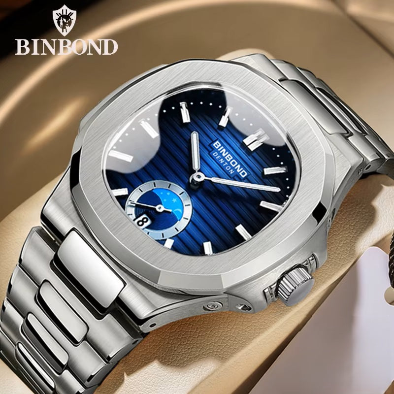 BINBOND Men's Business Quartz Watch – Stainless Steel Waterproof Wristwatch