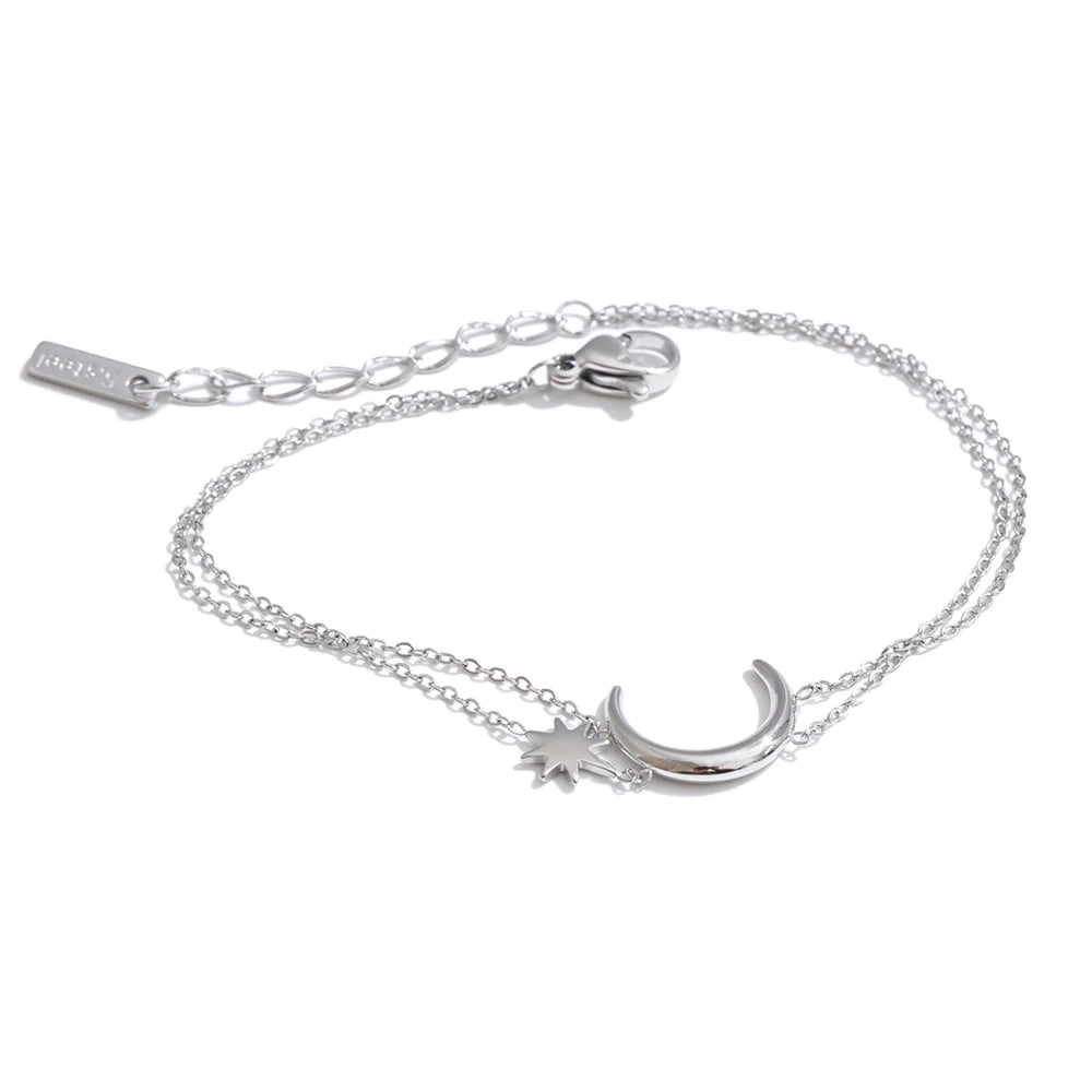 Yhpup Stainless Steel Double-Layer Chain Sun Moon Bracelet Bangle for Women Summer Waterproof Fashion Wrist Jewelry Wholesale