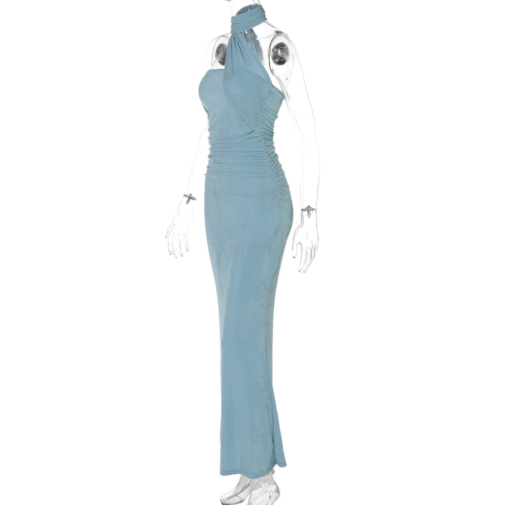 Hugcitar Elegant Solid Halter Sleeveless Backless Ruched Sexy Bodycon Maxi Dress Summer Women Y2K Outfit Evening Party Festival