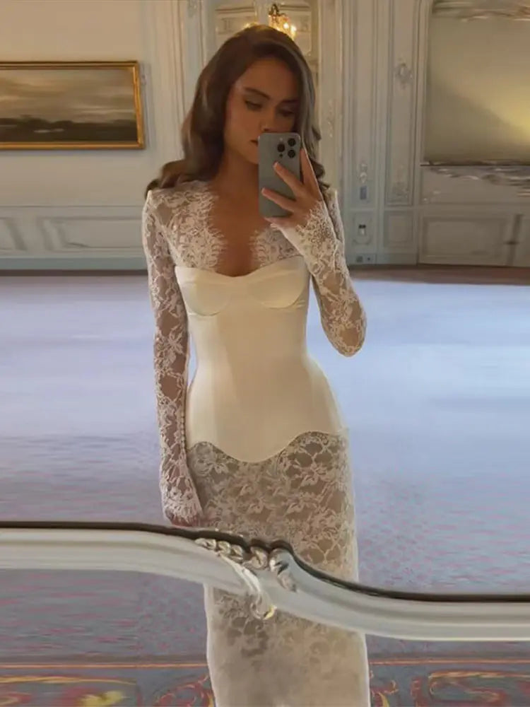 Women's Lace Sleeves Corset Mini Dress Deep V-Neck Sheer Romantic Evening Dress Elegant Party Wear Female Clothing Summer Suit