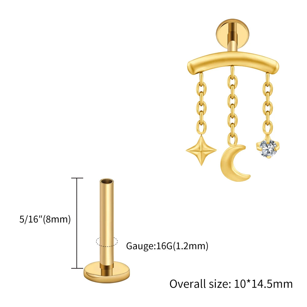 Right Grand ASTM F136 Titanium Hidden Helix Chain Earring 16G Dainty Star Moon CZ Dangle Cartilage Stud Piercing Jewelry