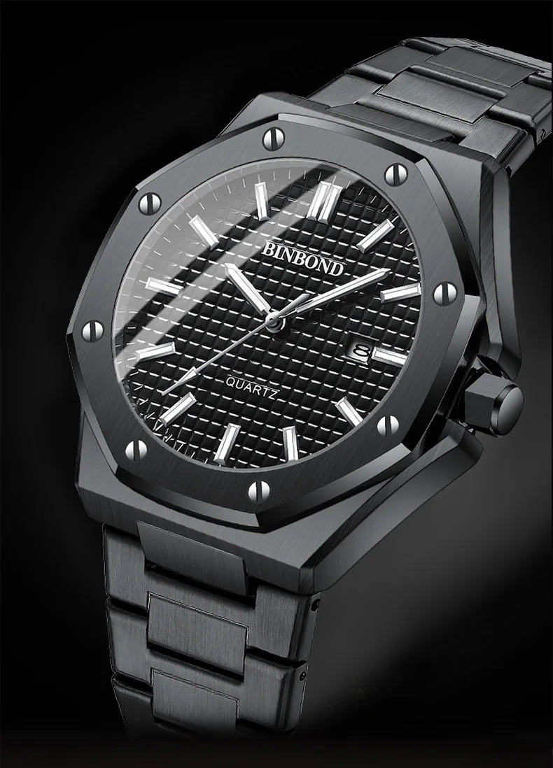 BINBOND B0233 Fashion Casual Men Watches Big Dial blackStainless Steel Calendar Quartz Wristwatch Classic Top Brand Male Clock