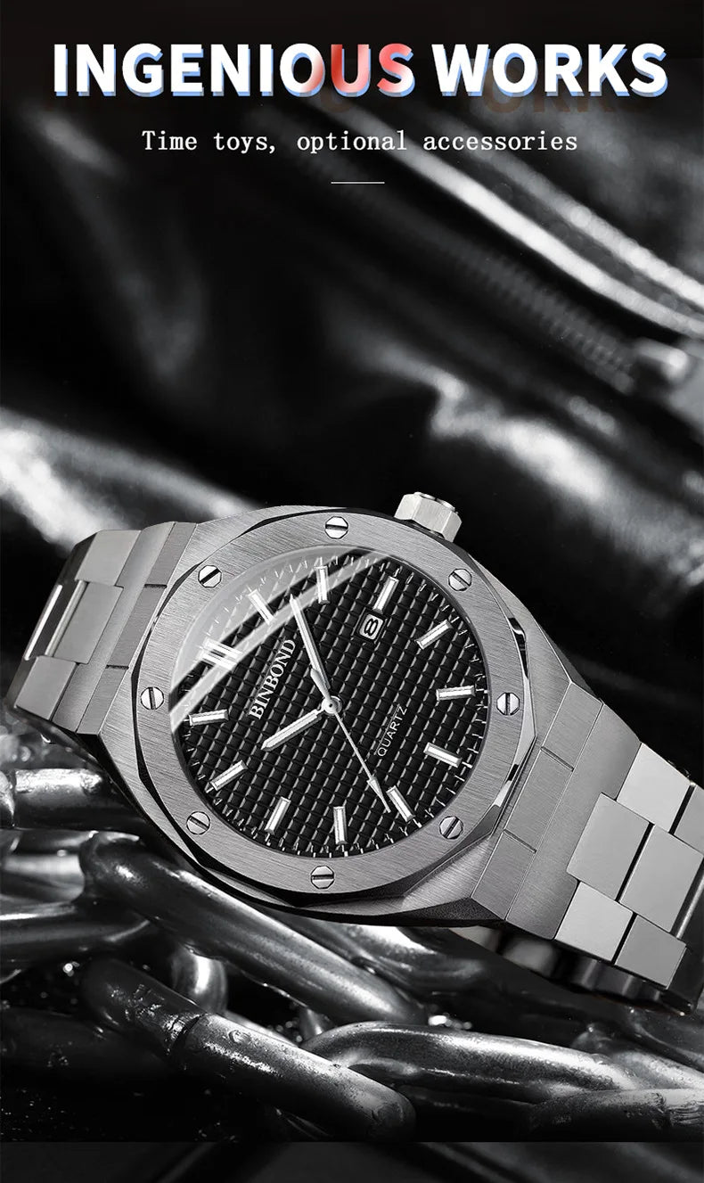 BINBOND B0233 Fashion Casual Men Watches Big Dial blackStainless Steel Calendar Quartz Wristwatch Classic Top Brand Male Clock