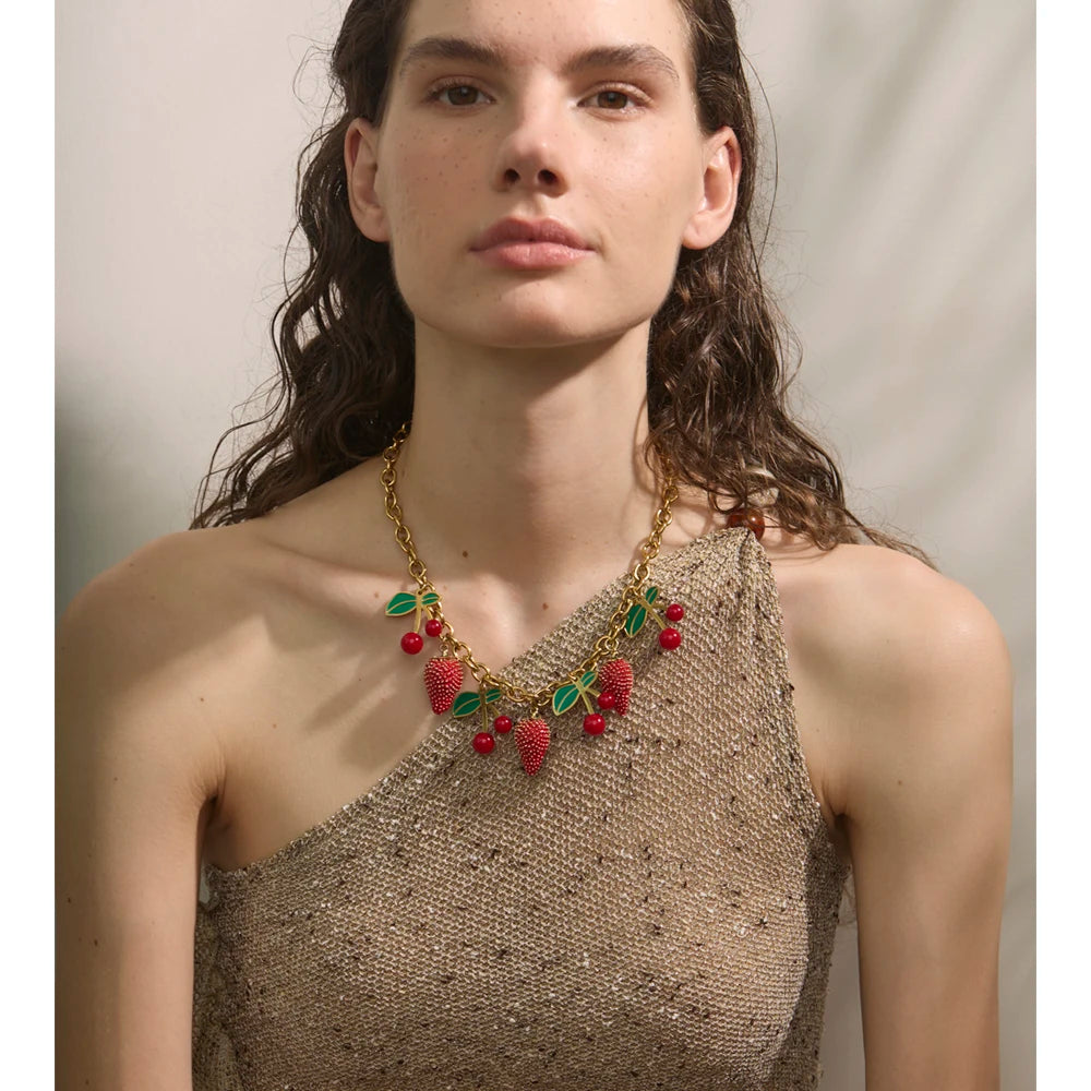 Yhpup 2025 Red Enamel Acrylic Cherry Strawberry Drop Necklace for Women Stainless Steel Fruit Handmade Fashion Collar Jewellery