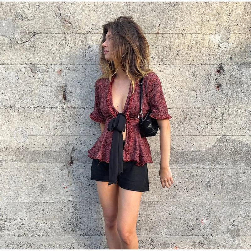 Women's Vintage Fringed V-Neck Blouse – Short Sleeve Lace-Up Ruffle Top | Chic Summer Fashion Shirt 2026