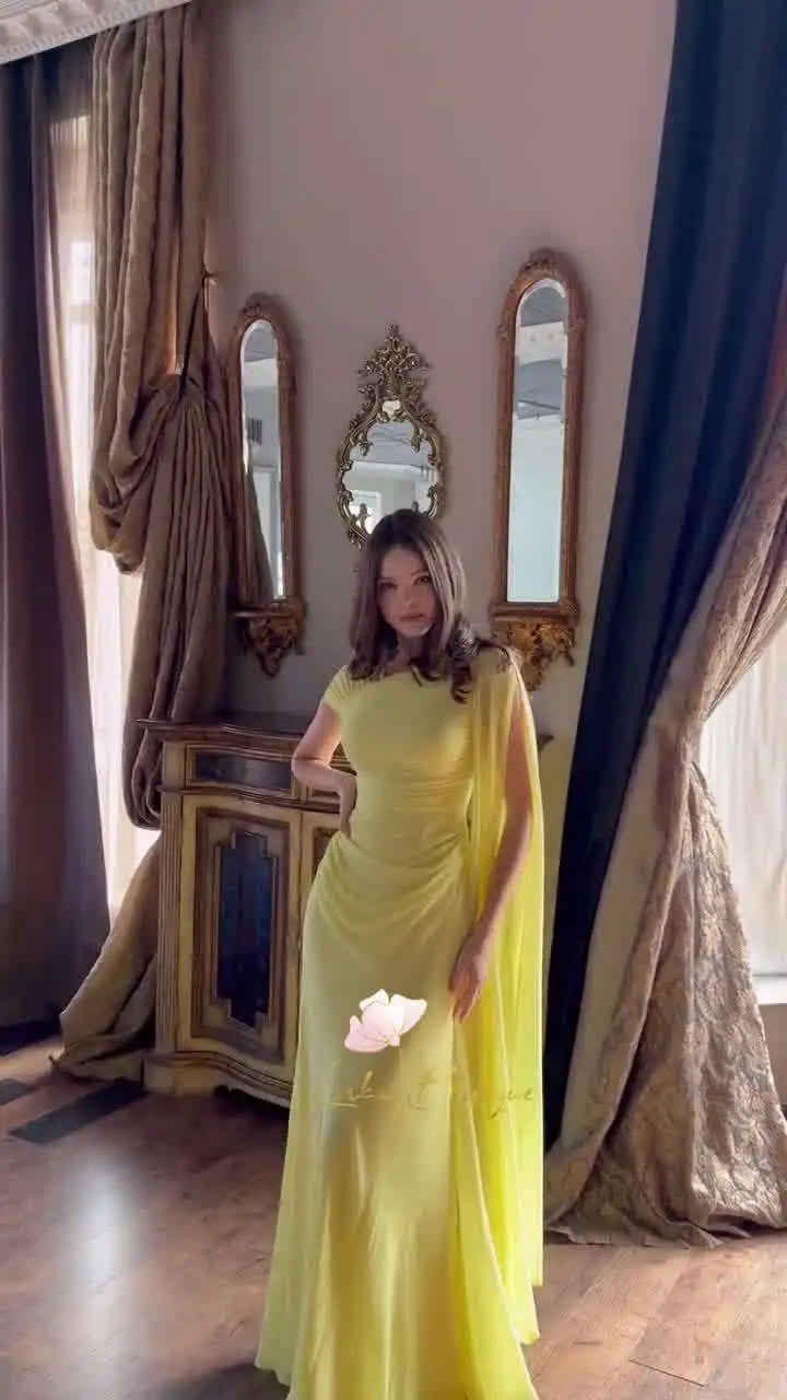 Women Elegant Dress Cape Spliced Slim Fit Floor Length Dresses Solid Short Sleeve Sheath Party Vestidos Basis Lady Summer