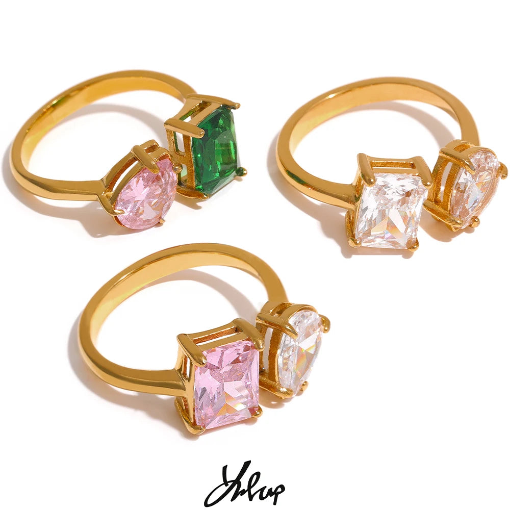 Yhpup Waterproof Fashion Stainless Steel Pink Green Cubic Zirconia Adjustable Open Ring Gold Color Unique Bling Charm Jewelry