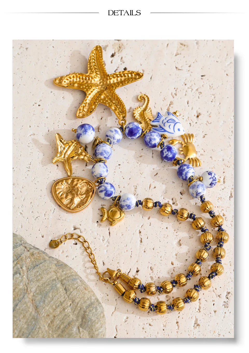 Yhpup Ocean Series Ceramic Beads Chain Fish Starfish Drop Charm Statement Necklace Exclusive Style Handmade Collar Jewelry