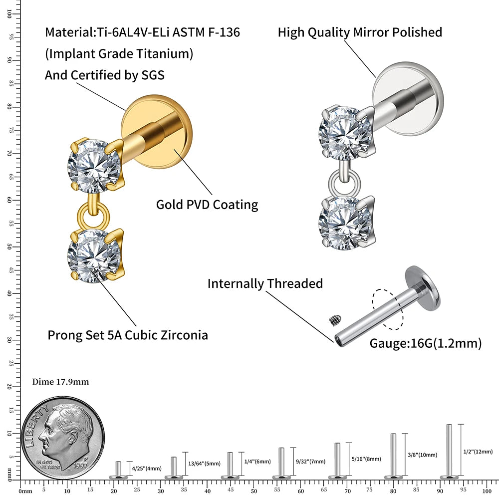 Right Grand ASTM F136 Titanium 16G Double CZ Floating Dangle Tragus Helix Cartilage Stud Internally Threaded Charm Drop Earring