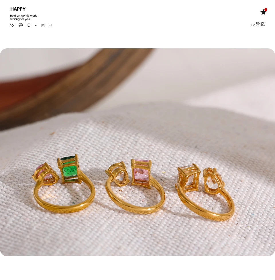 Yhpup Waterproof Fashion Stainless Steel Pink Green Cubic Zirconia Adjustable Open Ring Gold Color Unique Bling Charm Jewelry