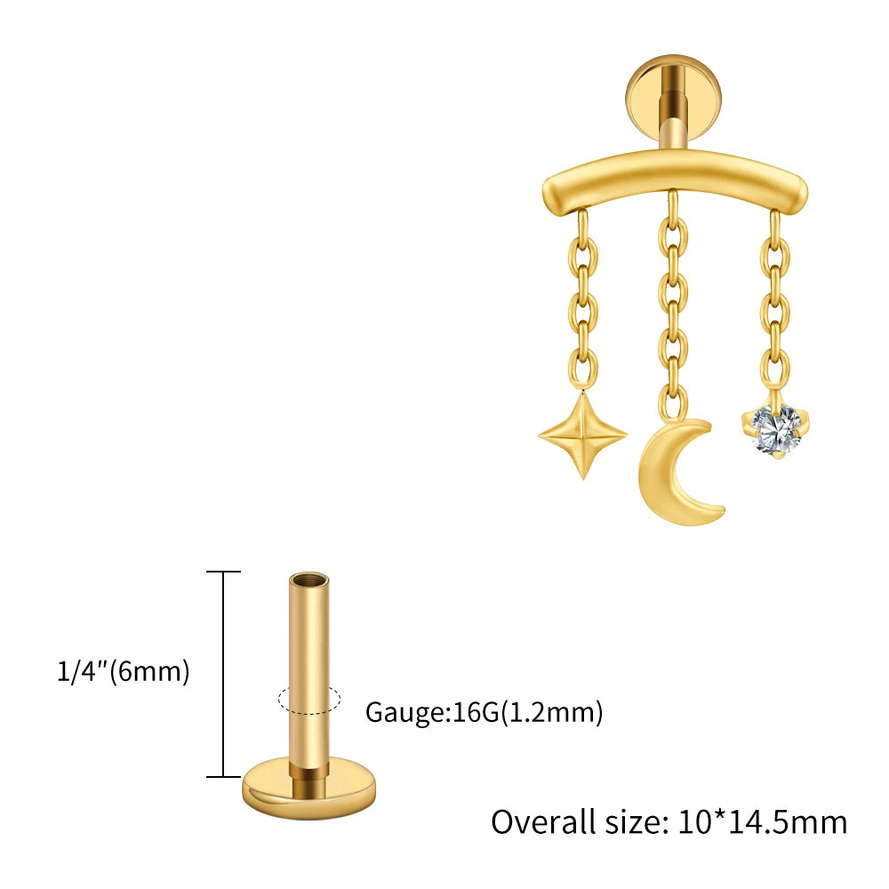 Right Grand ASTM F136 Titanium Hidden Helix Chain Earring 16G Dainty Star Moon CZ Dangle Cartilage Stud Piercing Jewelry