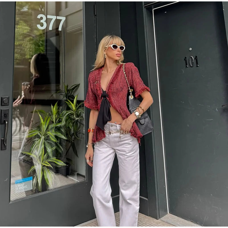 Women's Vintage Fringed V-Neck Blouse – Short Sleeve Lace-Up Ruffle Top | Chic Summer Fashion Shirt 2026