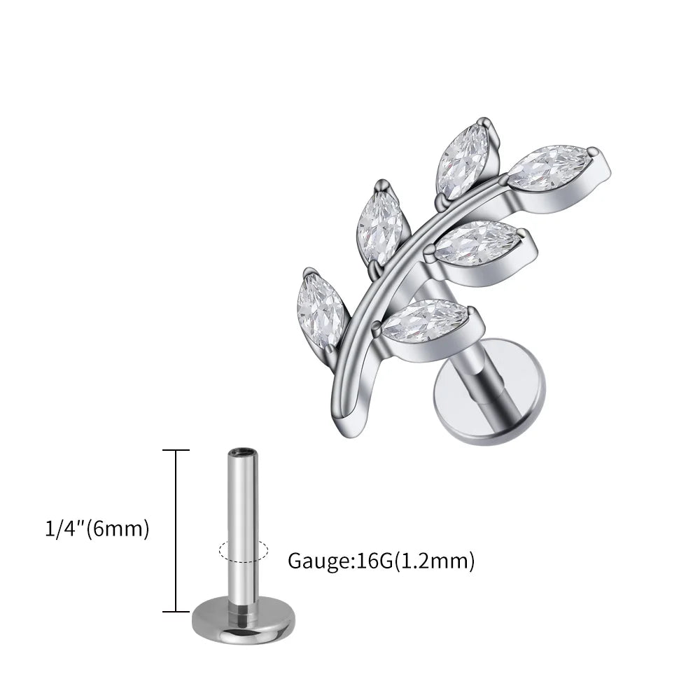 Right Grand ASTM F136 Titanium 16G Marquise CZ Leaves Stud Earring Leaf Shaped Helix Cartilage Conch Flat Back Piercing Jewelry