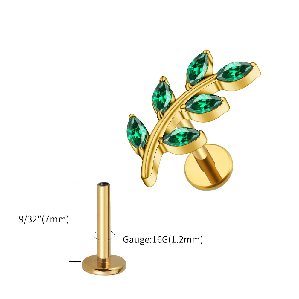 Right Grand ASTM F136 Titanium 16G Marquise CZ Leaves Stud Earring Leaf Shaped Helix Cartilage Conch Flat Back Piercing Jewelry
