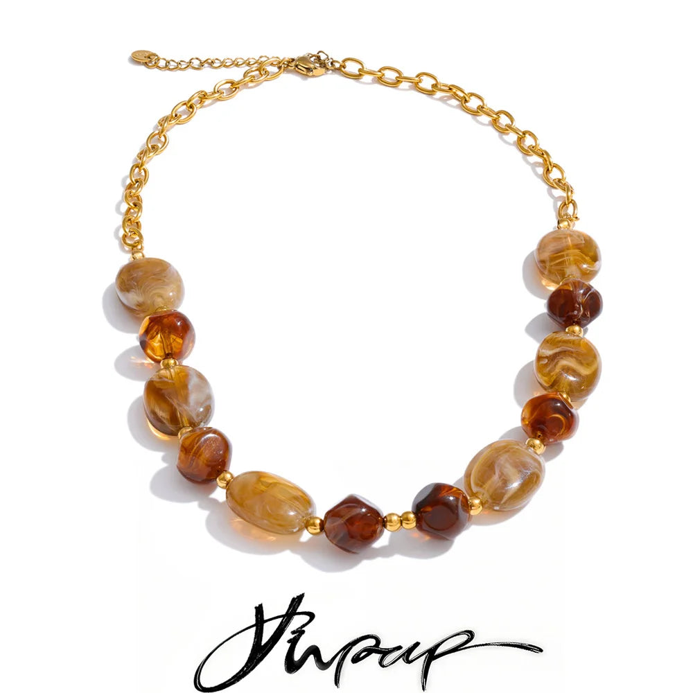 Yhpup Stainless Steel Resin Beads Chain Statement Necklace Waterproof PVD Plated Handmade Attractive Neck Jewelry Accessories