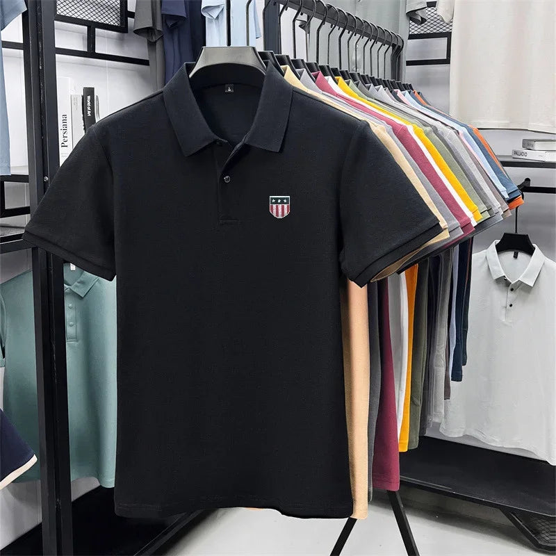 Men's Summer Luxury 100% Cotton Polo Shirt, Lapel Print Short Sleeve T-shirt, Breathable Business Casual Menswear