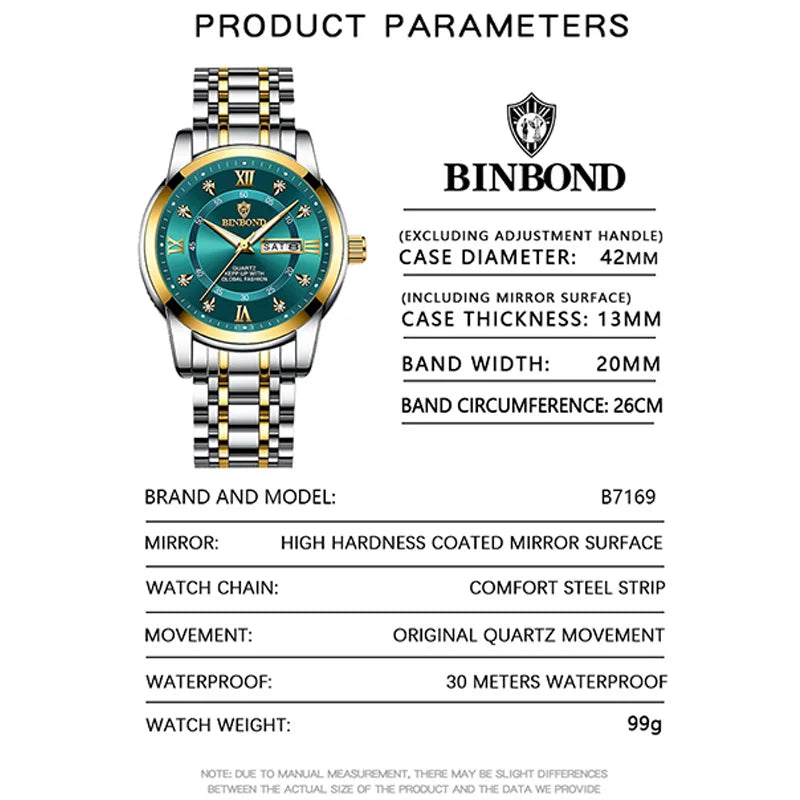 BINBOND 7169 Men's Watches Trend Fashion Star Ring Dial Original Quartz Watch for Man Waterproof Stainless Steel Luminous