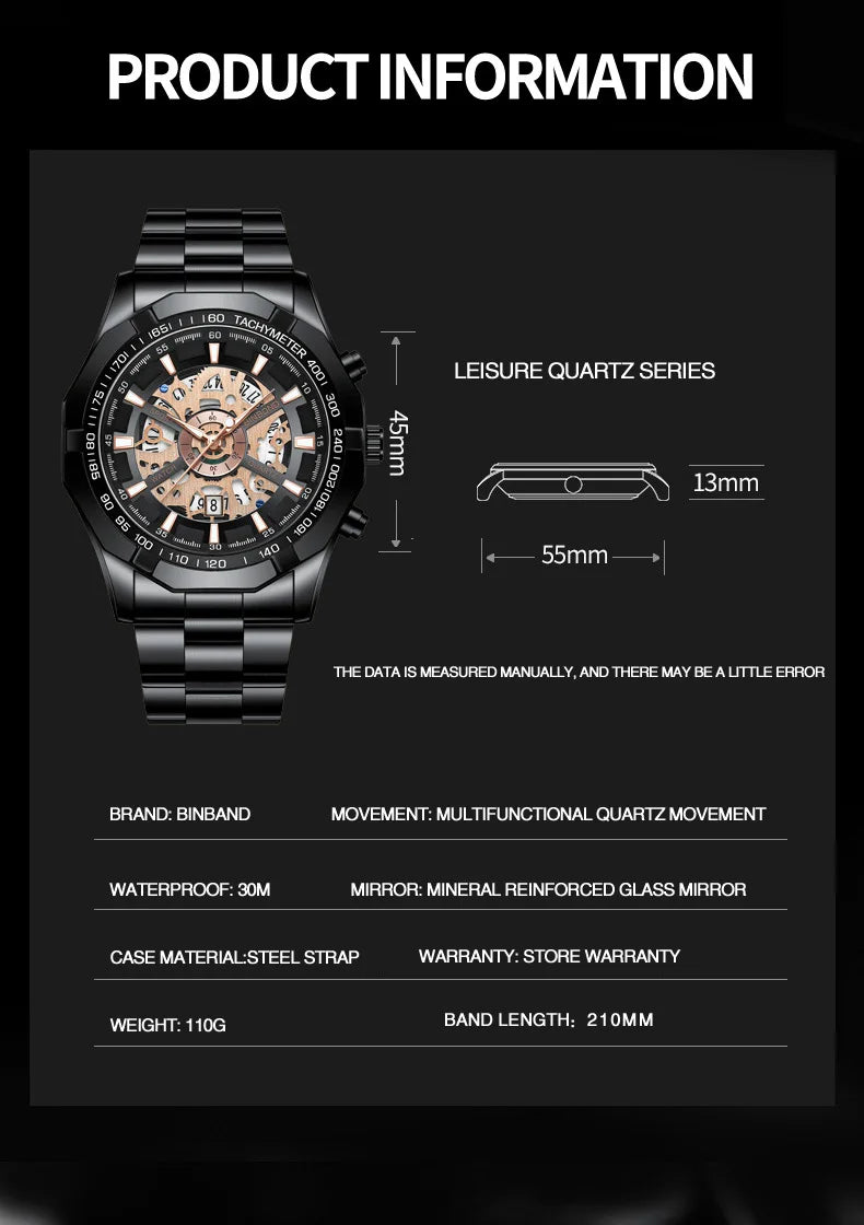 Binbond Mens Watches Top Brand Luxury Stainless Steel Waterproof Hollow Out Blue Big Male Wristwatches Relogio Masculino 2023