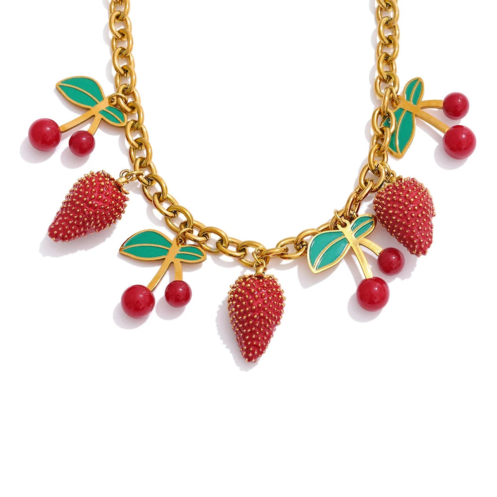 Yhpup 2025 Red Enamel Acrylic Cherry Strawberry Drop Necklace for Women Stainless Steel Fruit Handmade Fashion Collar Jewellery