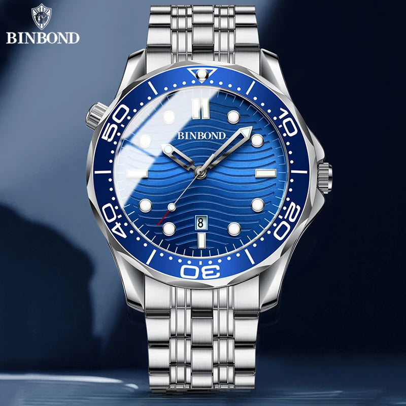 BINBOND Brand New Fashion Ultra-thin Sea Horse Series Men Business Quartz  Watches Waterproof Luminous Sports Casual Men's Watch