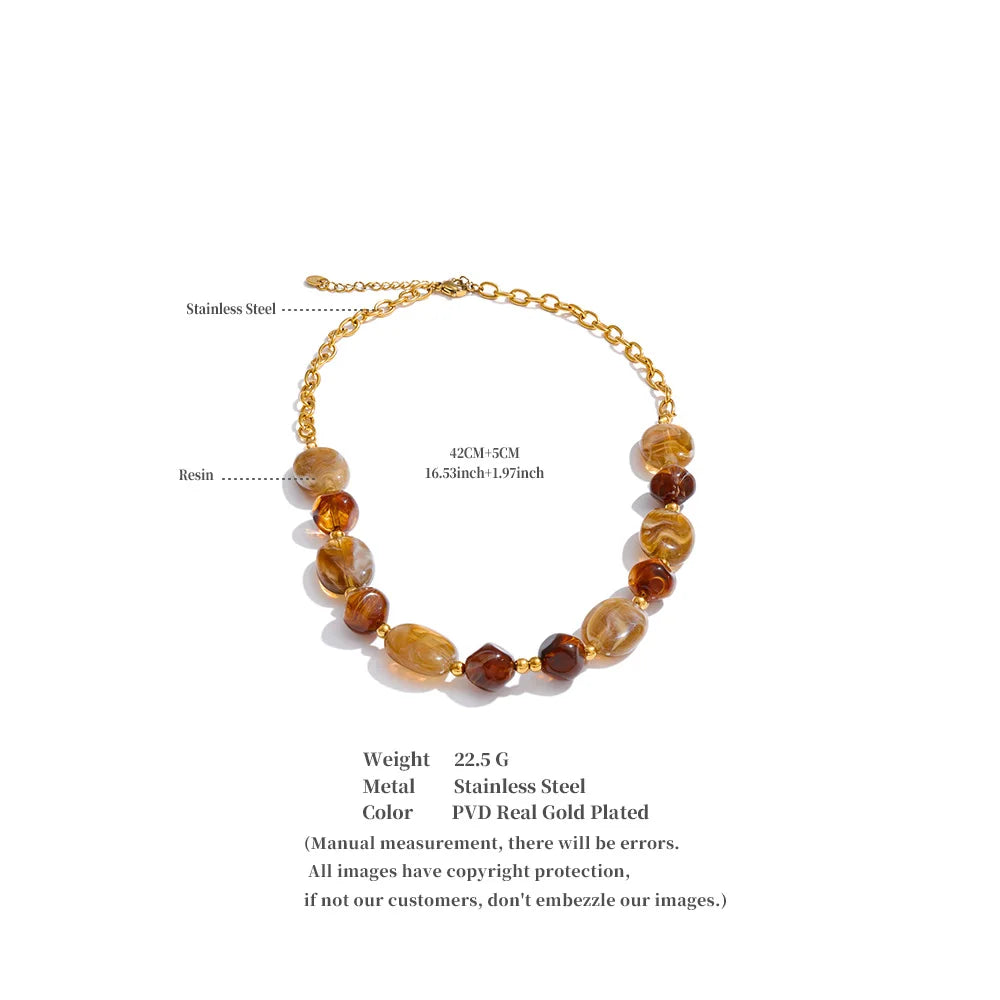 Yhpup Stainless Steel Resin Beads Chain Statement Necklace Waterproof PVD Plated Handmade Attractive Neck Jewelry Accessories