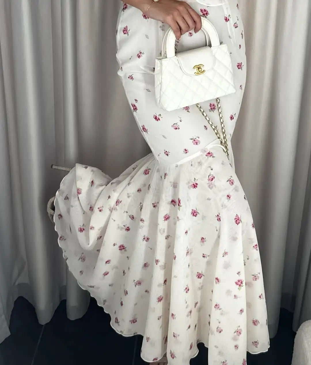 Women White Pink Floral Print Fishtail Skirt Set Chic V Neck Puff Sleeve Ruffle Button Crop Top Suit Elegant Lady Wedding Outfit