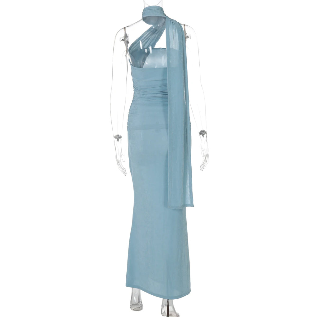 Hugcitar Elegant Solid Halter Sleeveless Backless Ruched Sexy Bodycon Maxi Dress Summer Women Y2K Outfit Evening Party Festival