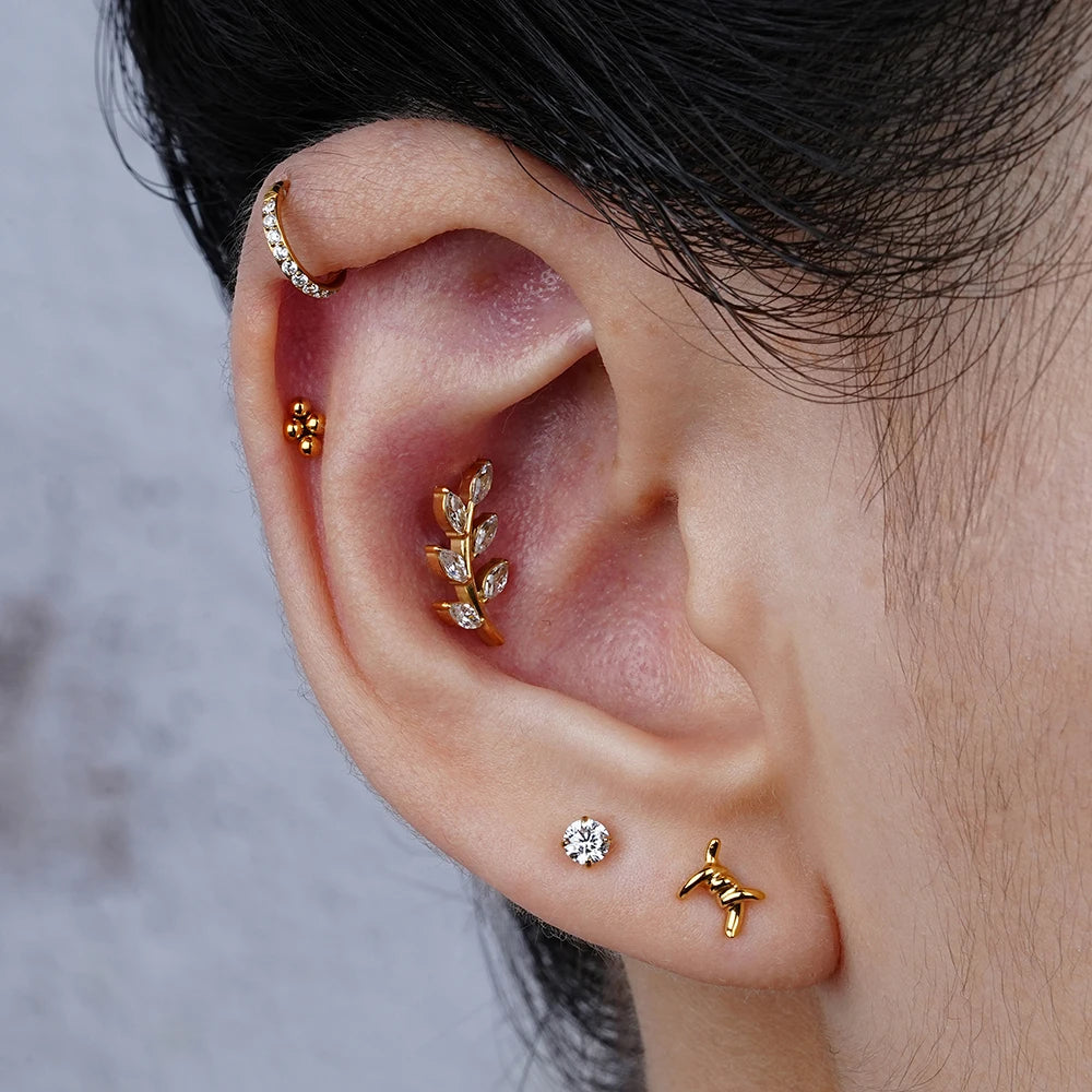 Right Grand ASTM F136 Titanium 16G Marquise CZ Leaves Stud Earring Leaf Shaped Helix Cartilage Conch Flat Back Piercing Jewelry
