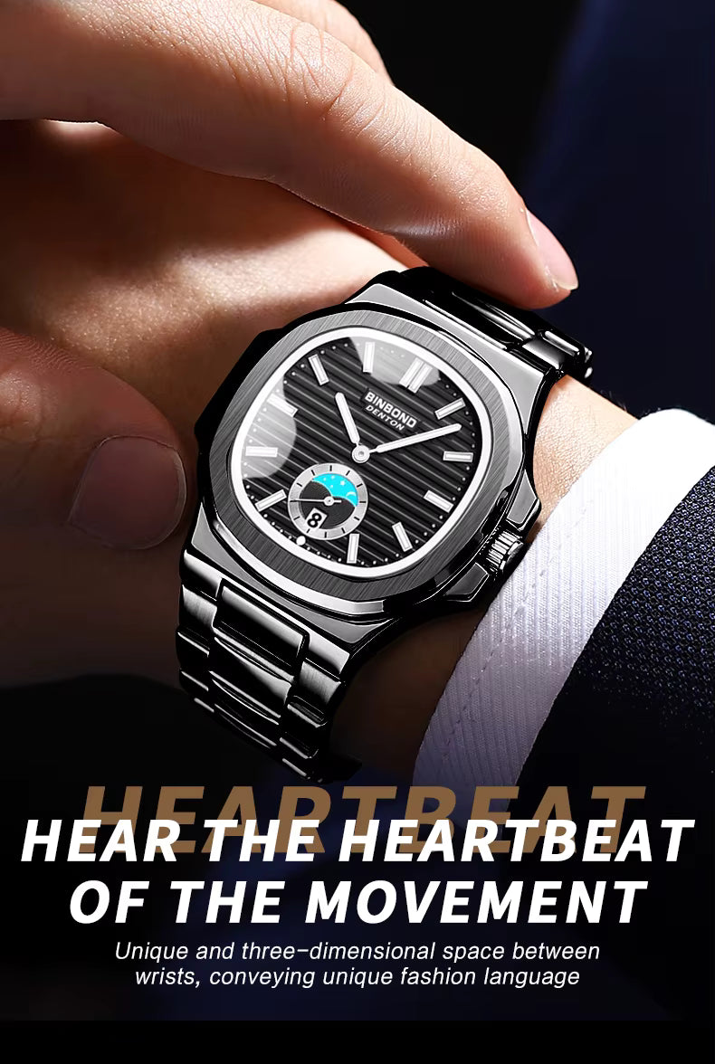 BINBOND Men's Business Quartz Watch – Stainless Steel Waterproof Wristwatch