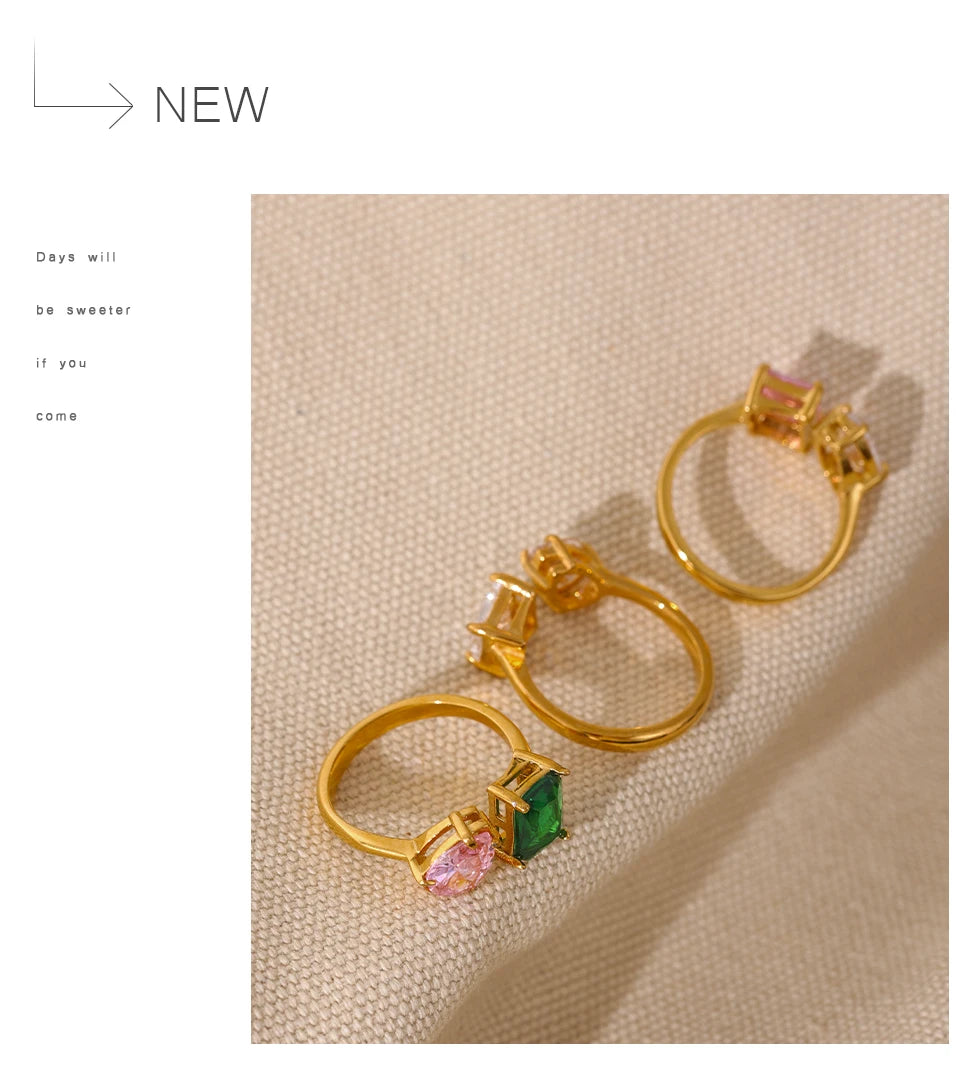 Yhpup Waterproof Fashion Stainless Steel Pink Green Cubic Zirconia Adjustable Open Ring Gold Color Unique Bling Charm Jewelry