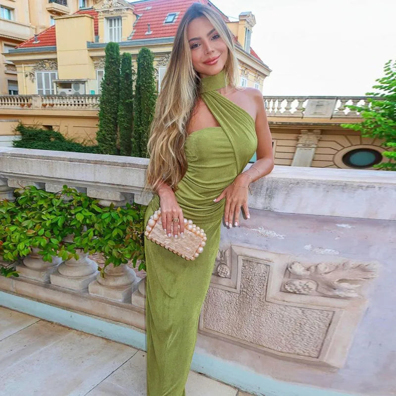 Hugcitar Elegant Solid Halter Sleeveless Backless Ruched Sexy Bodycon Maxi Dress Summer Women Y2K Outfit Evening Party Festival