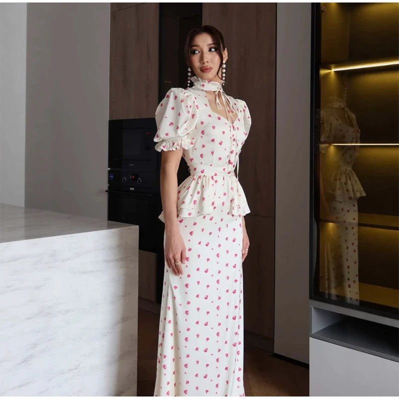Women White Pink Floral Print Fishtail Skirt Set Chic V Neck Puff Sleeve Ruffle Button Crop Top Suit Elegant Lady Wedding Outfit